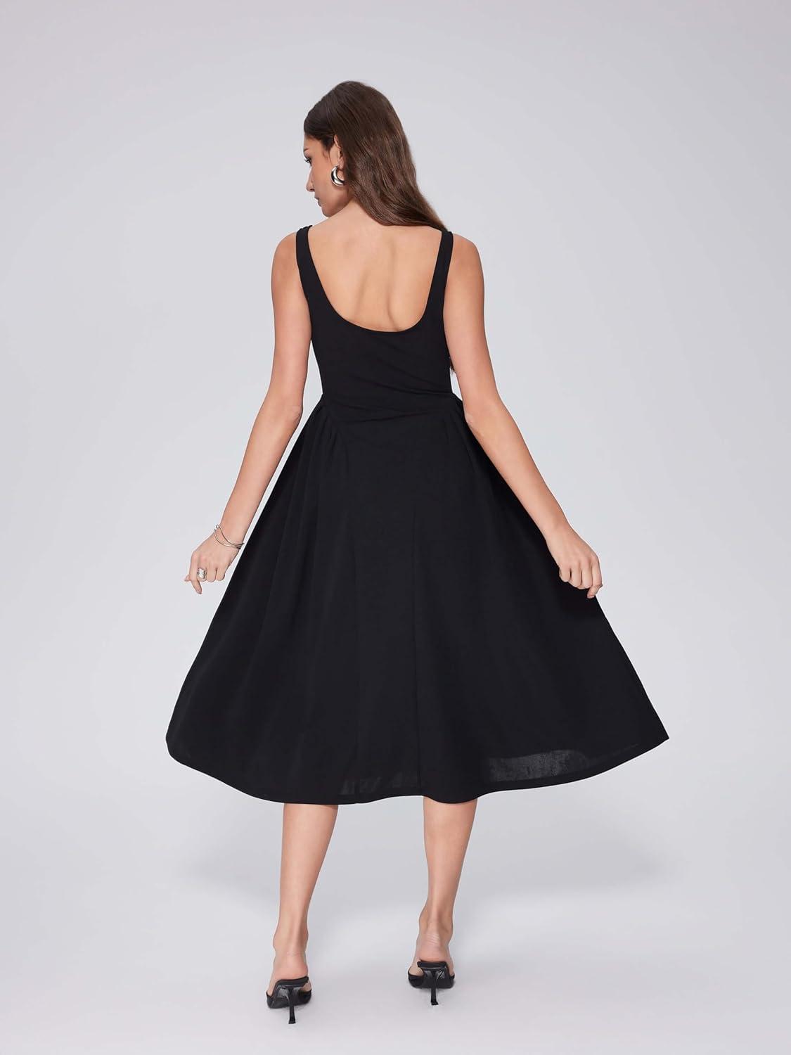 imageVINOVA Women Swing Tank Midi Dress Square Neck A Line Sleeveless Summer Party Elegant Casual DressesBlack