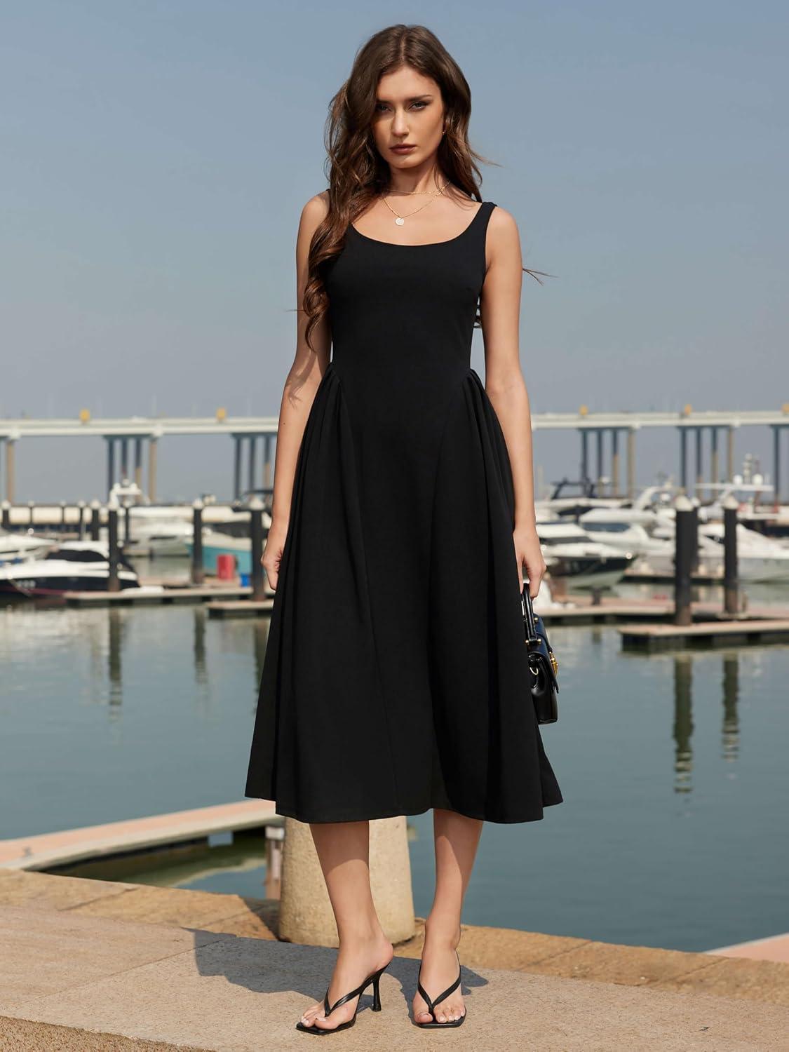 imageVINOVA Women Swing Tank Midi Dress Square Neck A Line Sleeveless Summer Party Elegant Casual DressesBlack