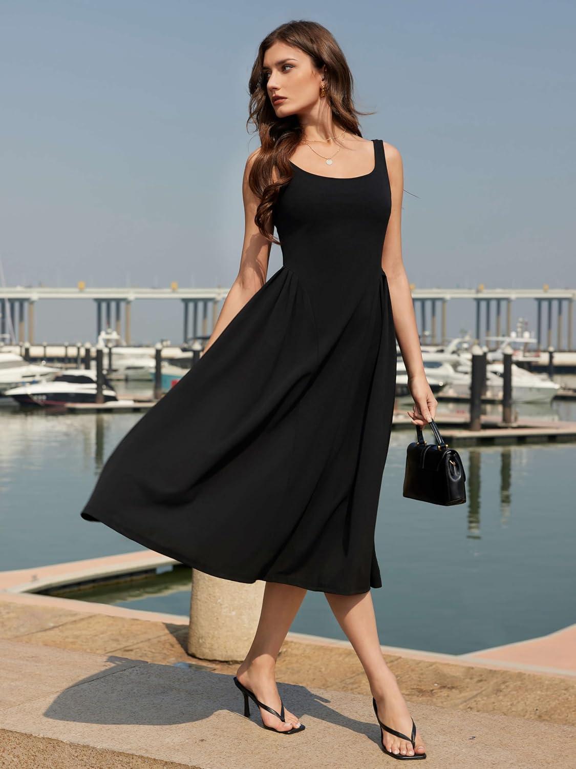imageVINOVA Women Swing Tank Midi Dress Square Neck A Line Sleeveless Summer Party Elegant Casual DressesBlack