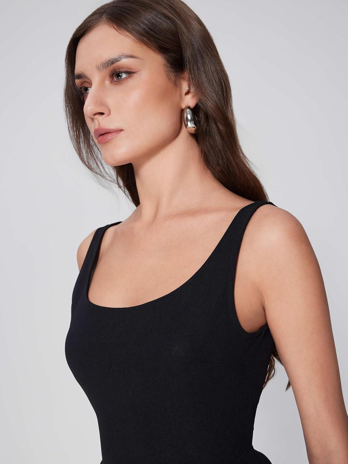 imageVINOVA Women Swing Tank Midi Dress Square Neck A Line Sleeveless Summer Party Elegant Casual DressesBlack