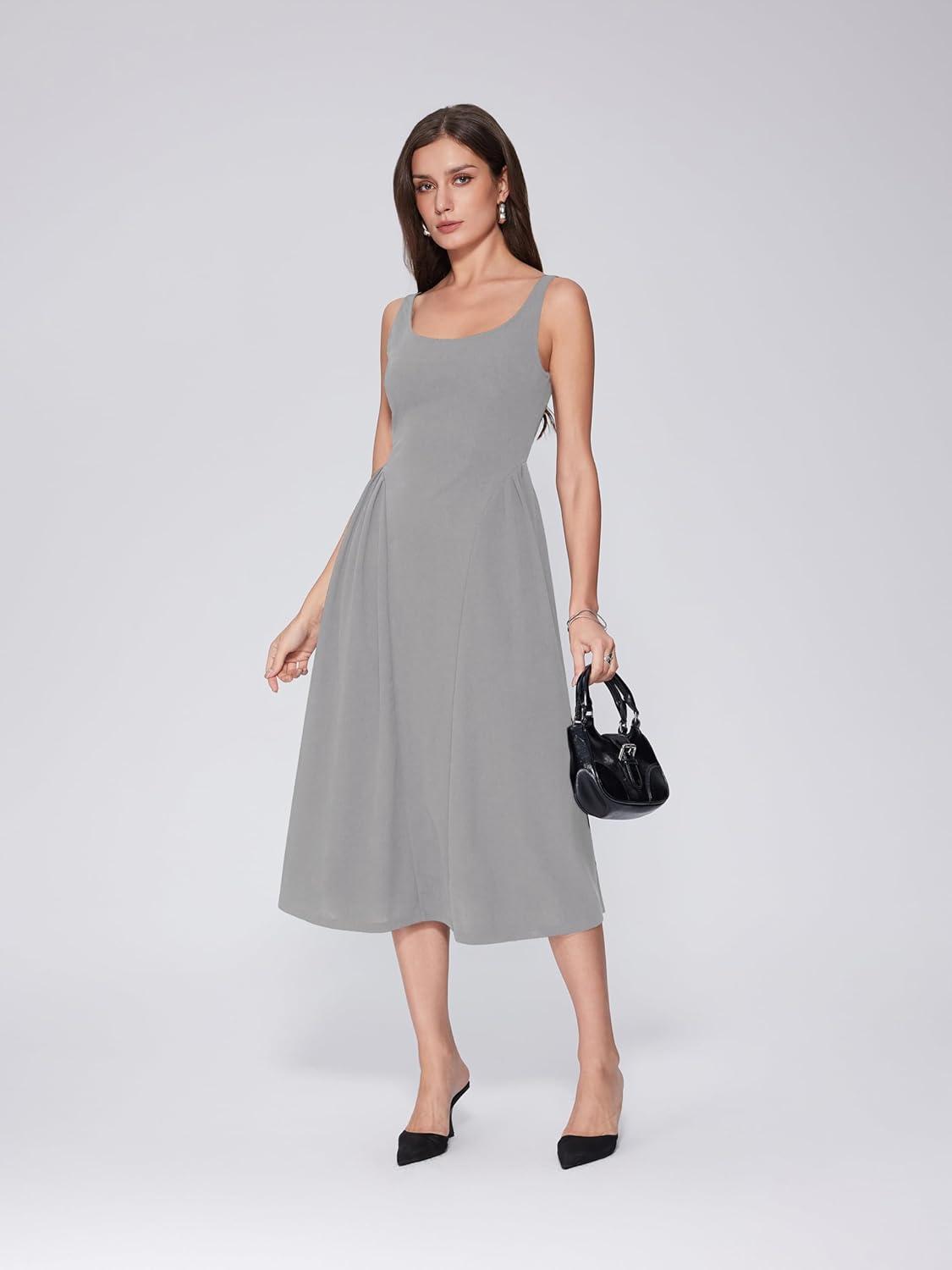 imageVINOVA Women Swing Tank Midi Dress Square Neck A Line Sleeveless Summer Party Elegant Casual DressesGrey