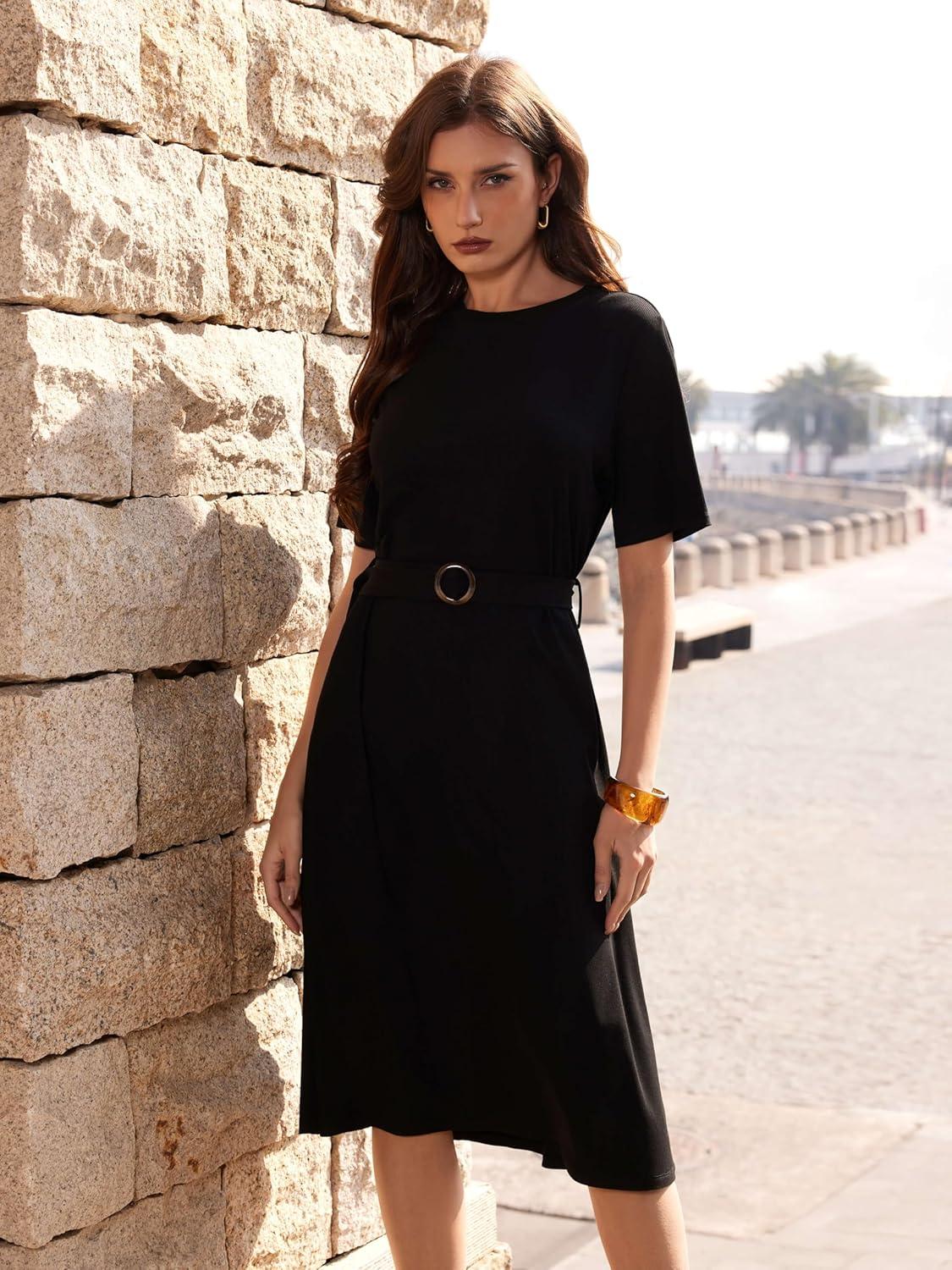 imageVinova Casual Dresses for Women Short Sleeve Midi Modest Crew Neck Summer Dress with BeltBlack