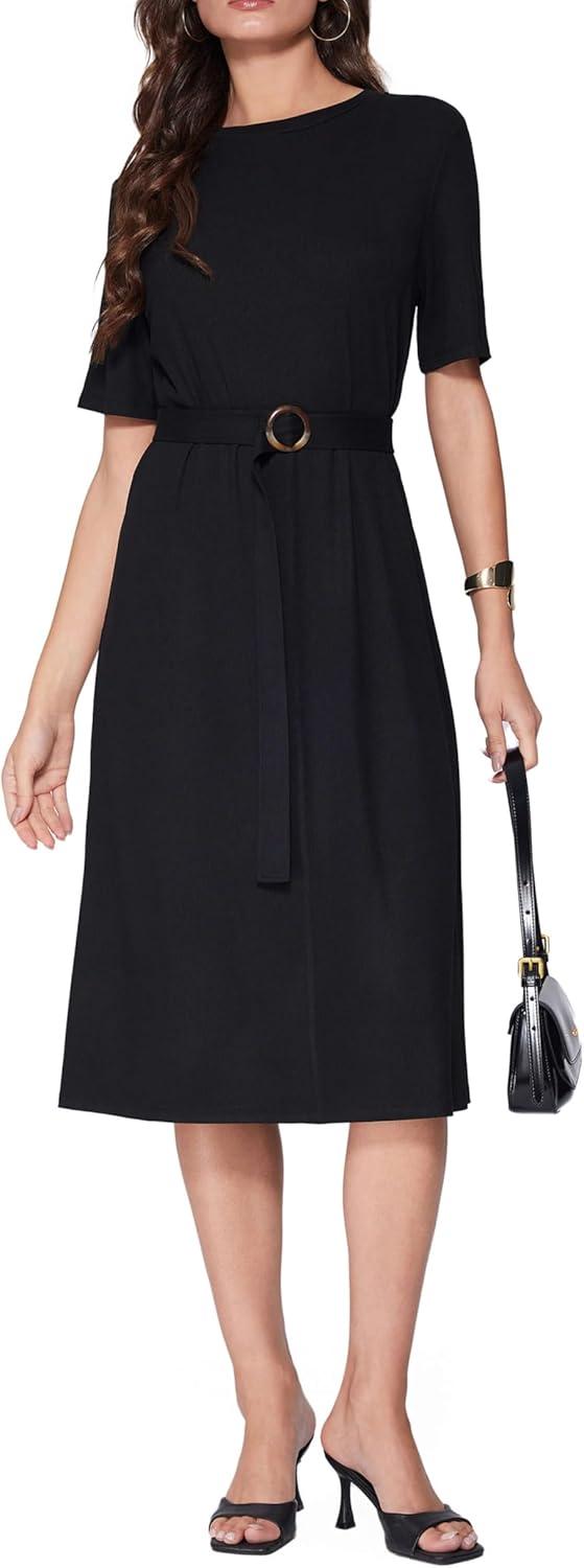 imageVinova Casual Dresses for Women Short Sleeve Midi Modest Crew Neck Summer Dress with BeltBlack
