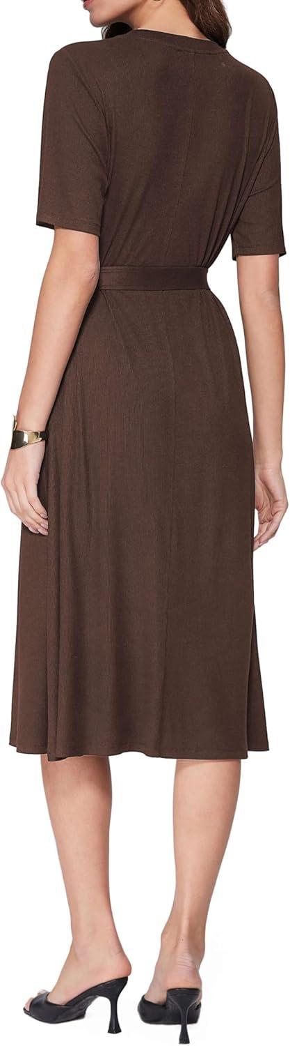 imageVinova Casual Dresses for Women Short Sleeve Midi Modest Crew Neck Summer Dress with BeltBrown