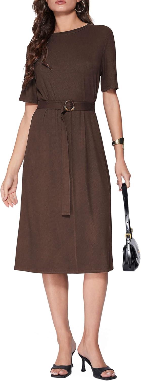 imageVinova Casual Dresses for Women Short Sleeve Midi Modest Crew Neck Summer Dress with BeltBrown