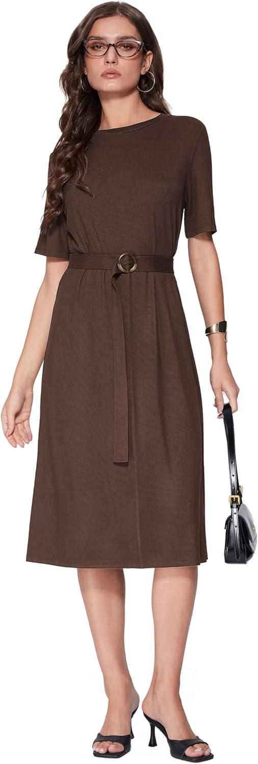 imageVinova Casual Dresses for Women Short Sleeve Midi Modest Crew Neck Summer Dress with BeltBrown