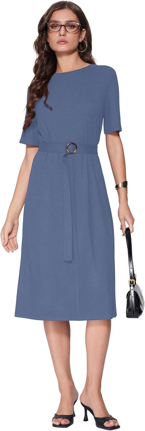 imageVinova Casual Dresses for Women Short Sleeve Midi Modest Crew Neck Summer Dress with BeltDenim