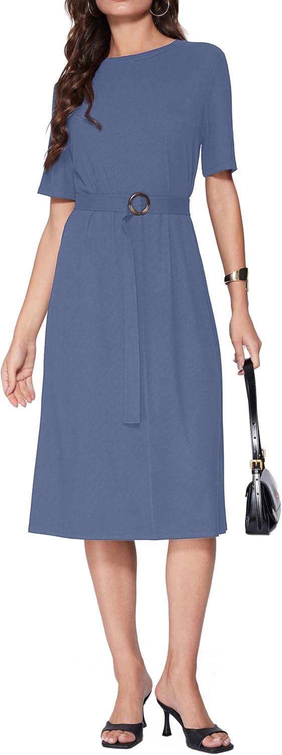 imageVinova Casual Dresses for Women Short Sleeve Midi Modest Crew Neck Summer Dress with BeltDenim
