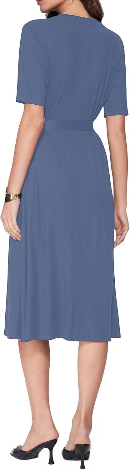 imageVinova Casual Dresses for Women Short Sleeve Midi Modest Crew Neck Summer Dress with BeltDenim
