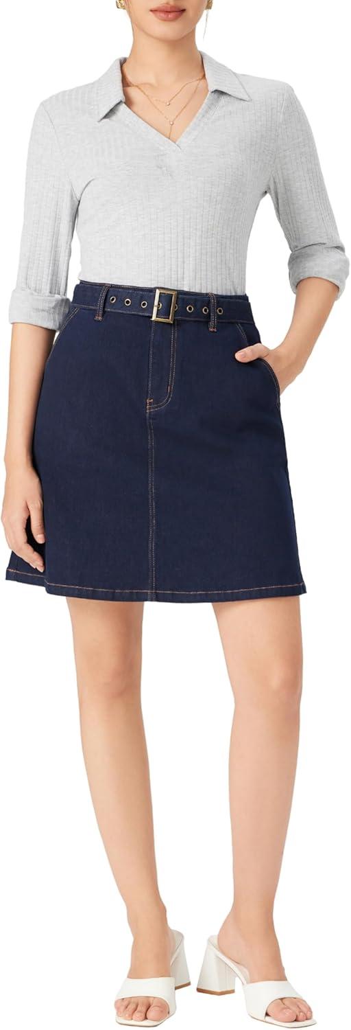 imageVinova Denim ALine Skirt with Belt Womens Casual Fashion SkirtDark Denim