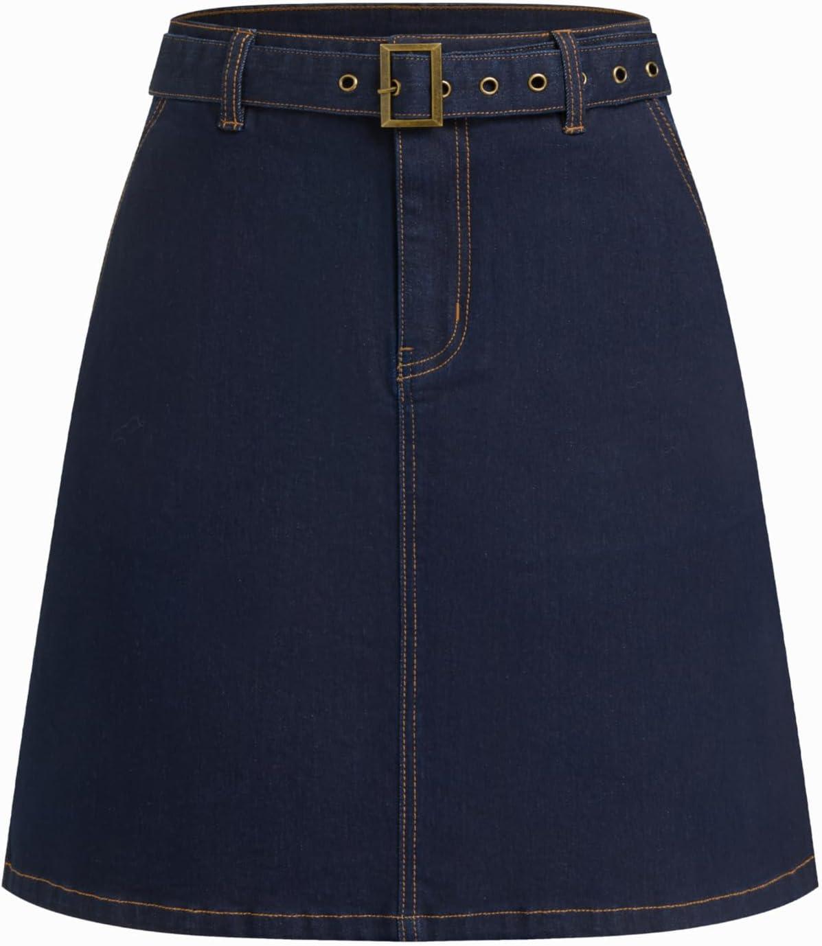 imageVinova Denim ALine Skirt with Belt Womens Casual Fashion SkirtDark Denim