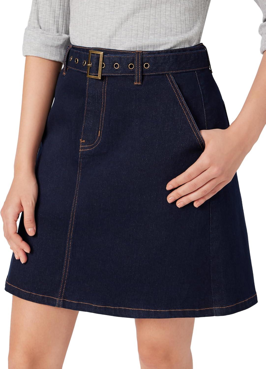 imageVinova Denim ALine Skirt with Belt Womens Casual Fashion SkirtDark Denim
