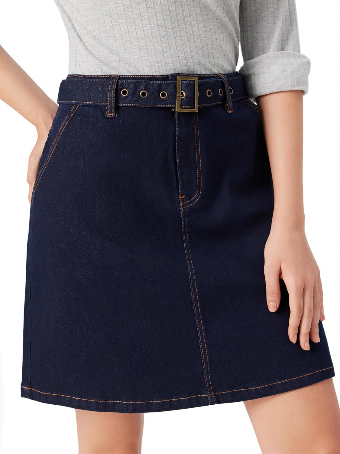 imageVinova Denim ALine Skirt with Belt Womens Casual Fashion SkirtDark Denim