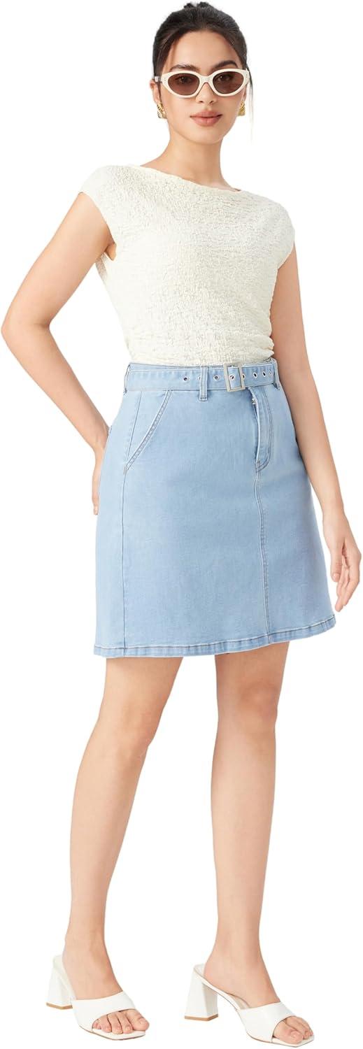 imageVinova Denim ALine Skirt with Belt Womens Casual Fashion SkirtLight Blue