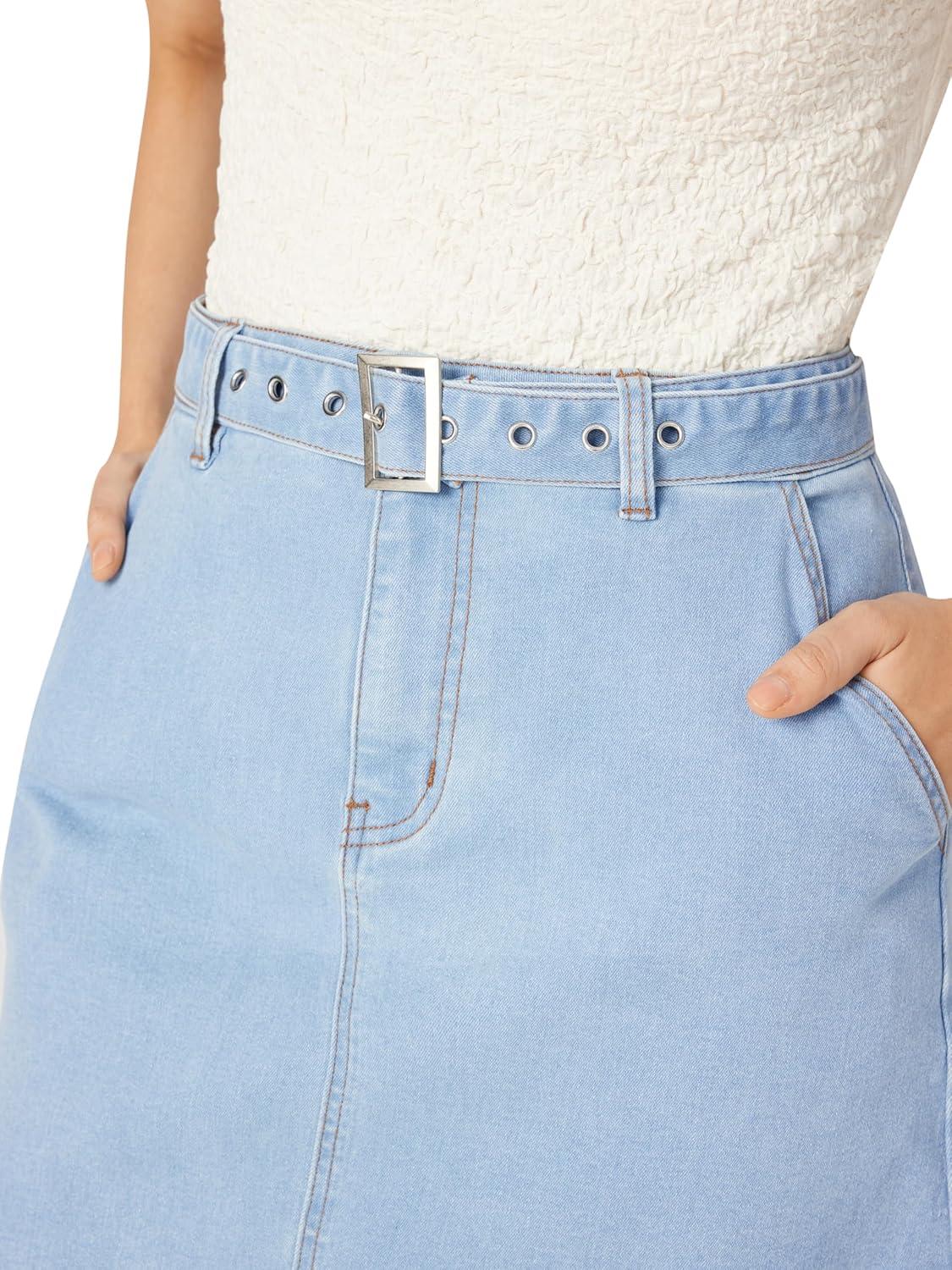 imageVinova Denim ALine Skirt with Belt Womens Casual Fashion SkirtLight Blue