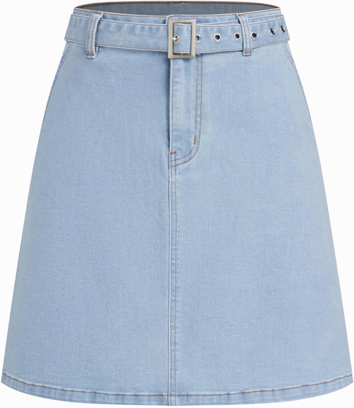 imageVinova Denim ALine Skirt with Belt Womens Casual Fashion SkirtLight Blue
