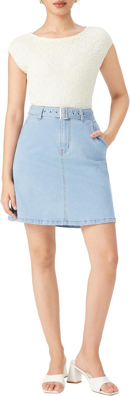 imageVinova Denim ALine Skirt with Belt Womens Casual Fashion SkirtLight Blue