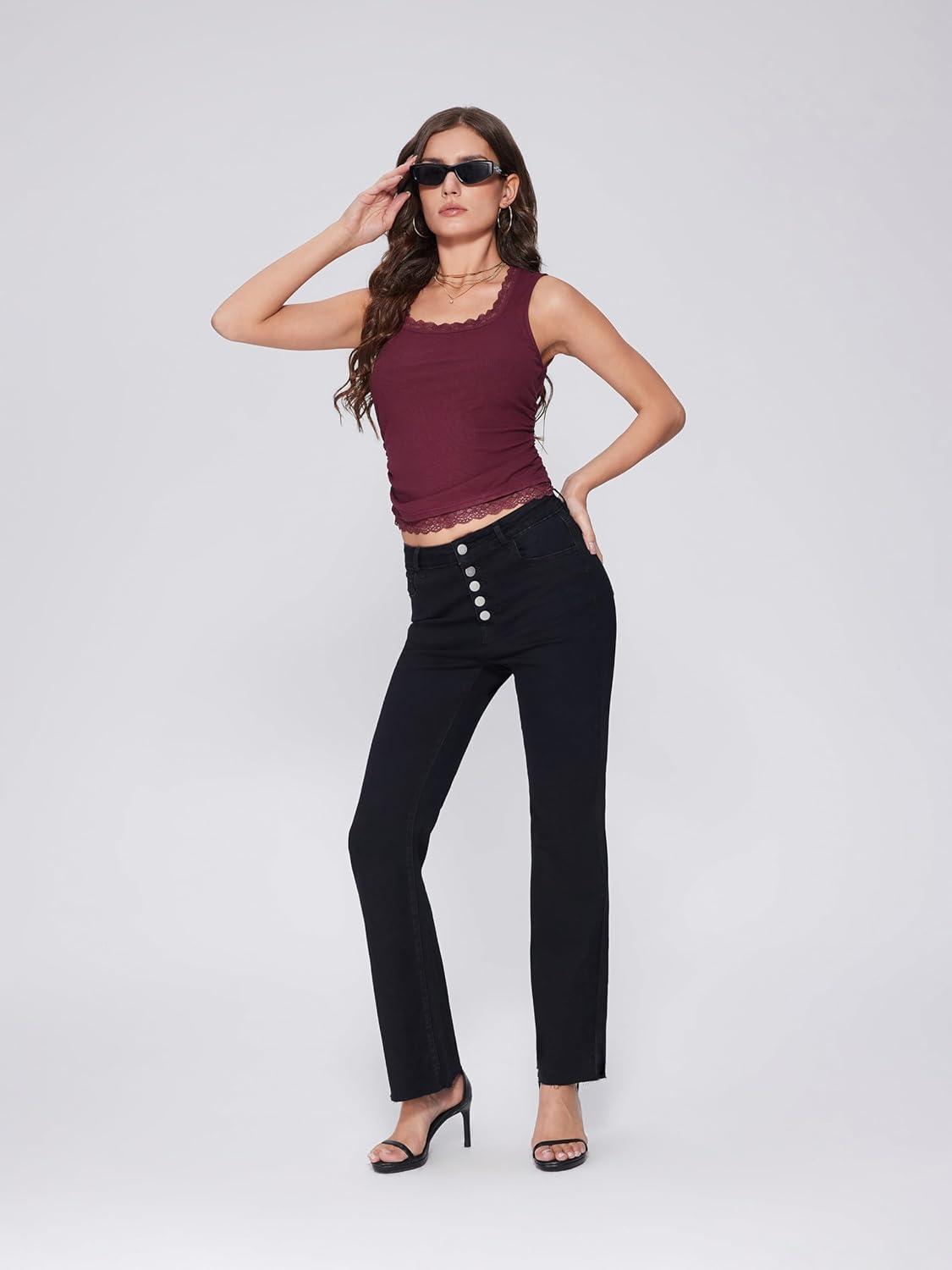 imageVinova Flare Jeans for Women Button Down Bell Bottom Stetchy High Waisted Bootcut Denim Pants with PocketsBlack