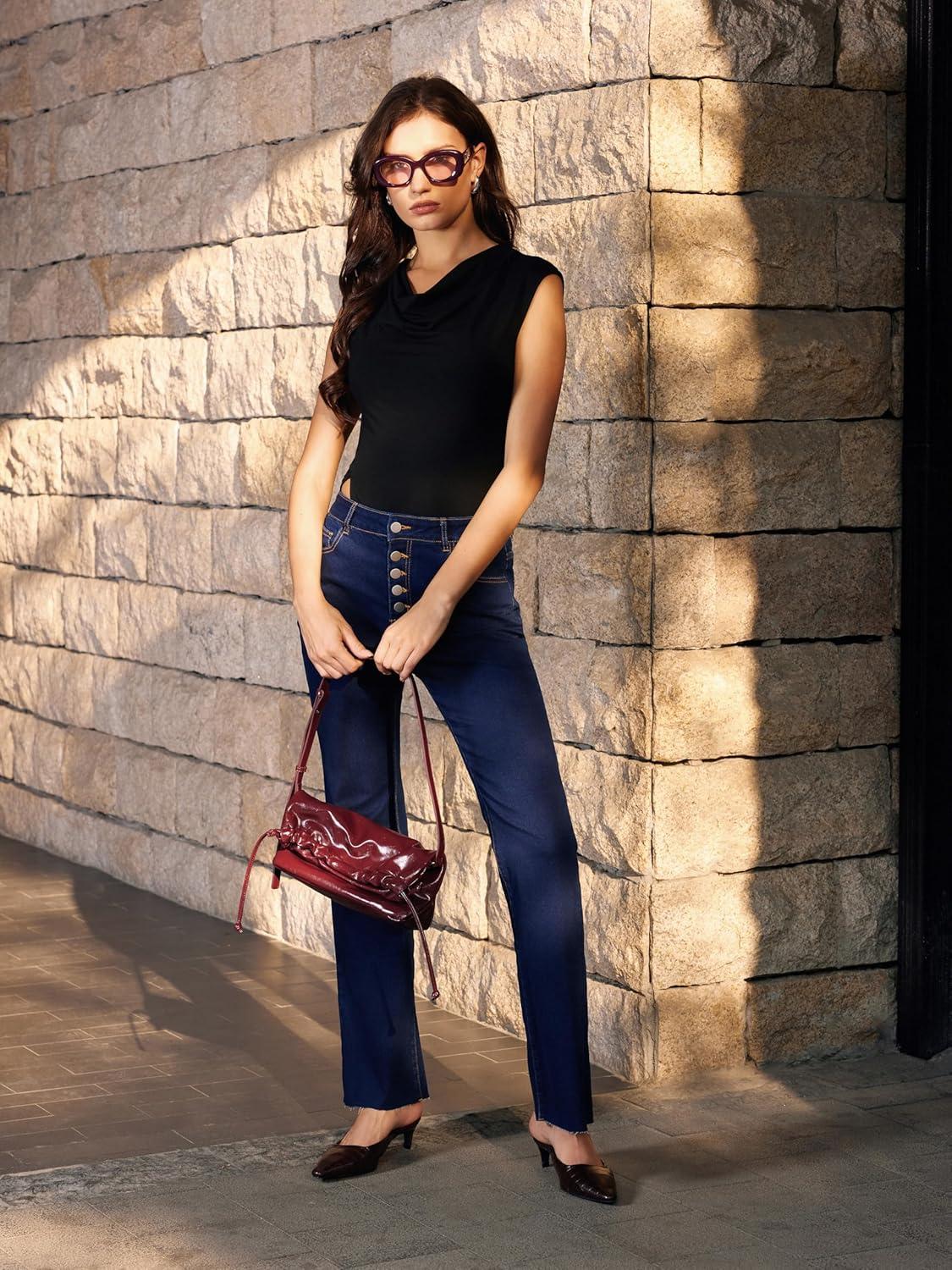 imageVinova Flare Jeans for Women Button Down Bell Bottom Stetchy High Waisted Bootcut Denim Pants with PocketsDark Denim