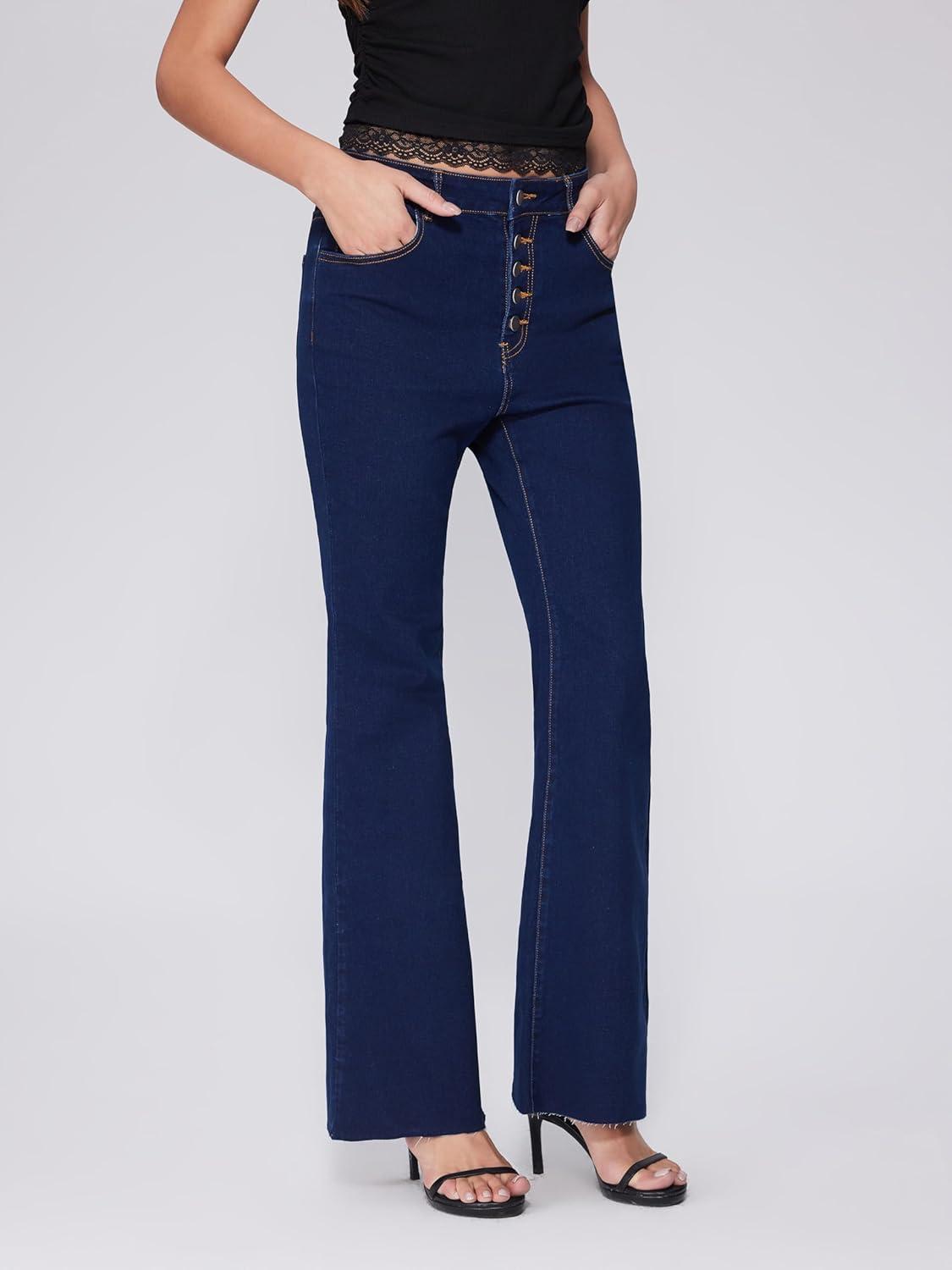 imageVinova Flare Jeans for Women Button Down Bell Bottom Stetchy High Waisted Bootcut Denim Pants with PocketsDark Denim