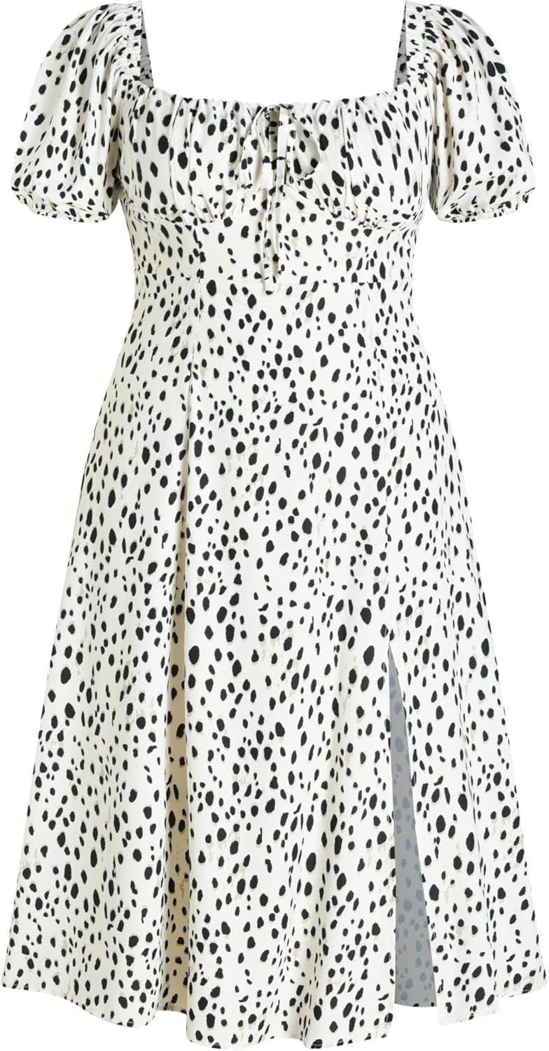 imageVinova Floral Print Dress Womens Puff Sleeve Midi Dress with Slit