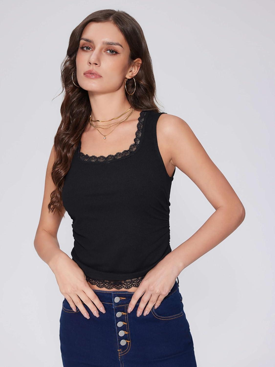 imageVinova Lace Tank Tops for Women Summer Ruched V Neck Sleeveless Going Out Tops Sexy Trendy T Shirts CasualBlack