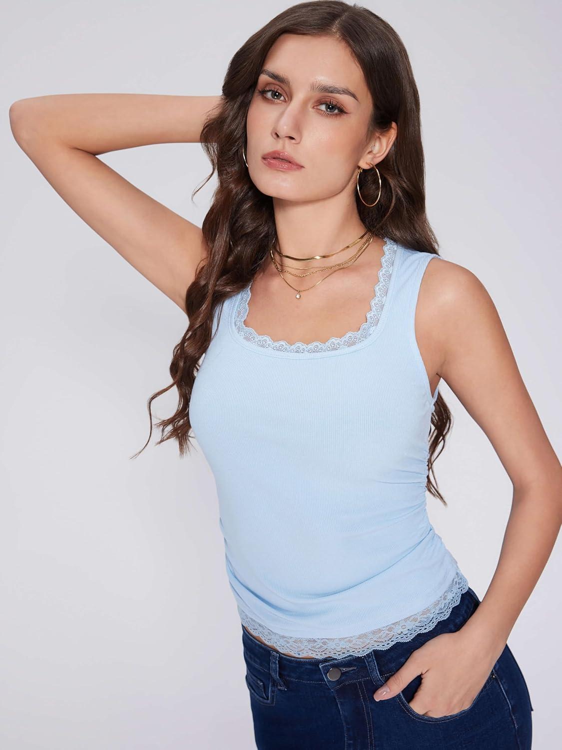 imageVinova Lace Tank Tops for Women Summer Ruched V Neck Sleeveless Going Out Tops Sexy Trendy T Shirts CasualSky Blue