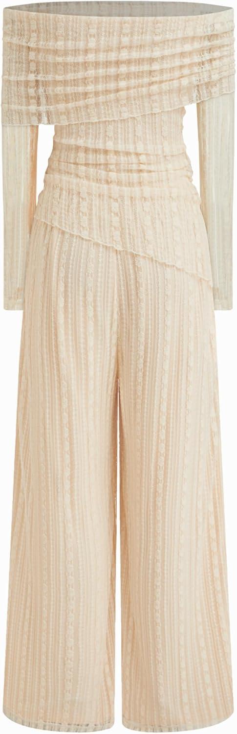 imageVinova Off Shoulder Lace Jumpsuit Long Sleeve Wide Leg Pant SetBeige