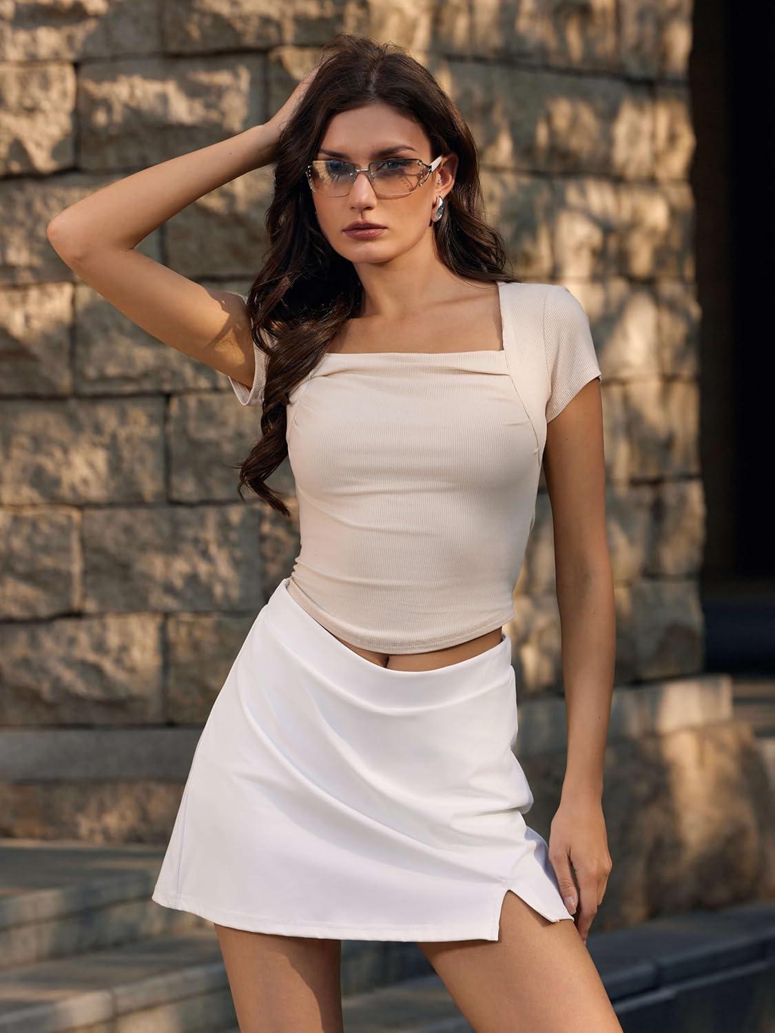 imageVinova Summer Going Out Tops for Women Ruched Square Neck Short Sleeve Top Slim Fit T Shirts Trendy 2025Beige