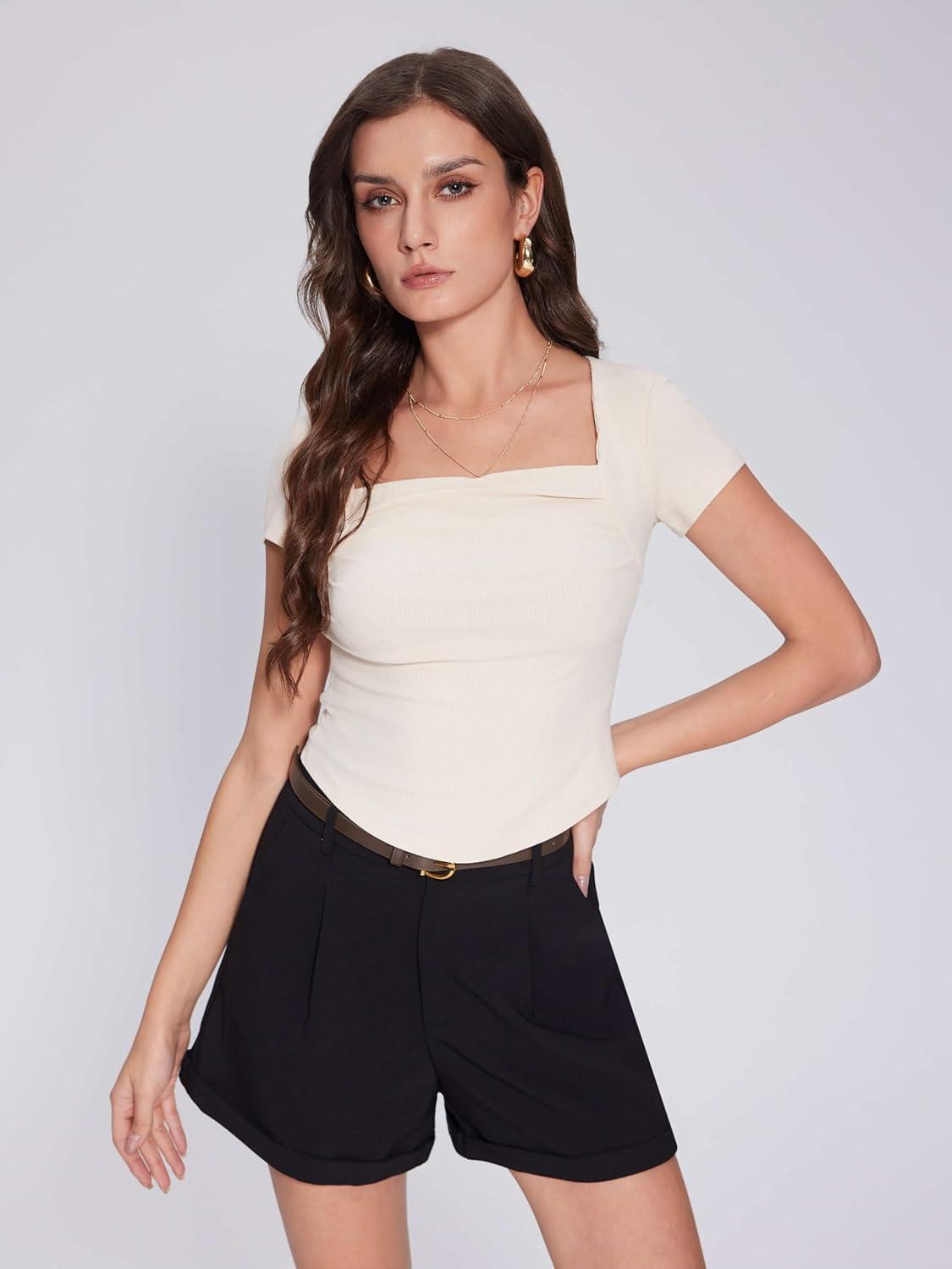 imageVinova Summer Going Out Tops for Women Ruched Square Neck Short Sleeve Top Slim Fit T Shirts Trendy 2025Beige