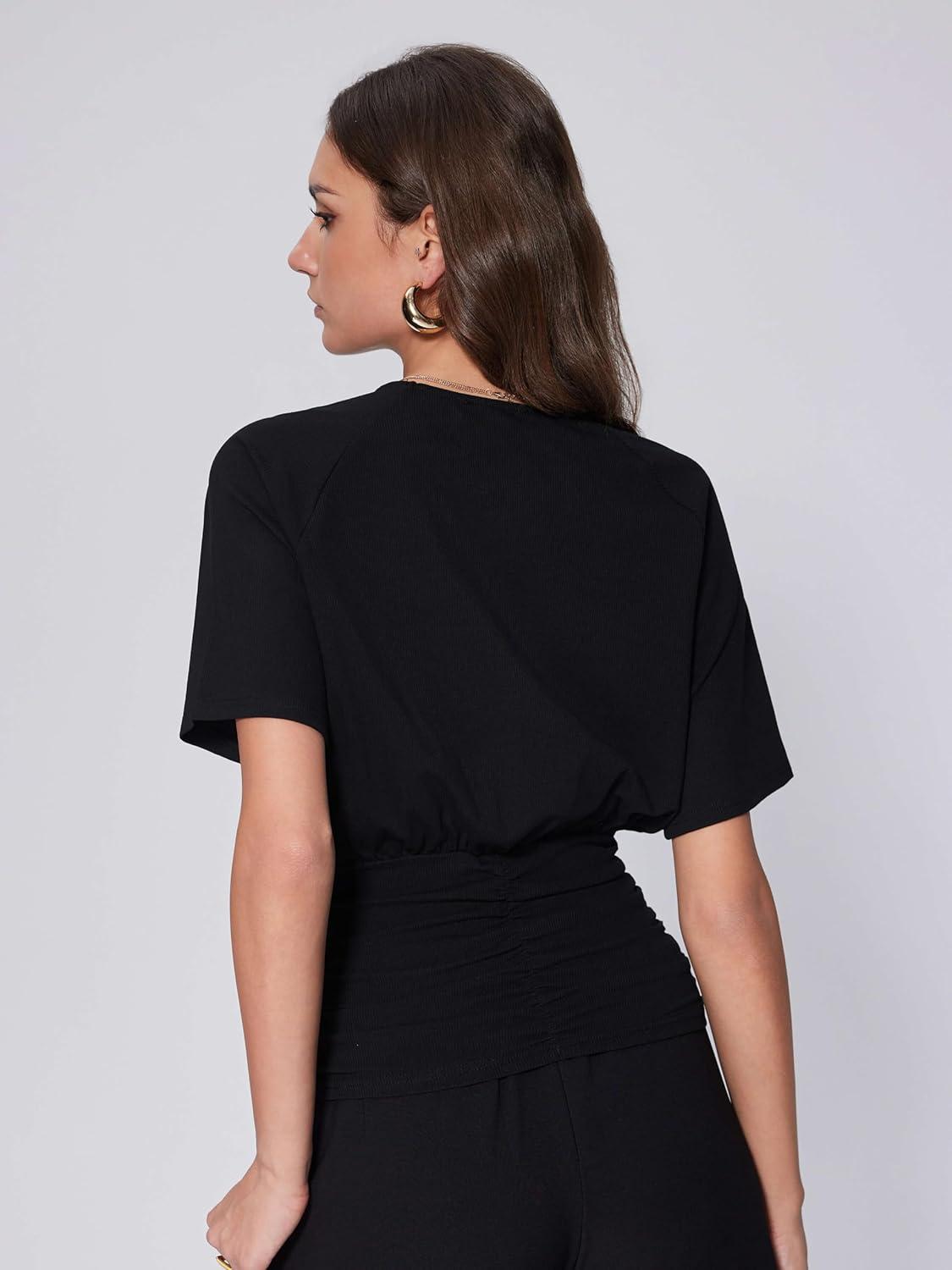 imageVinova Summer Going Out Tops for Women Ruched Square Neck Short Sleeve Top Slim Fit T Shirts Trendy 2025Black