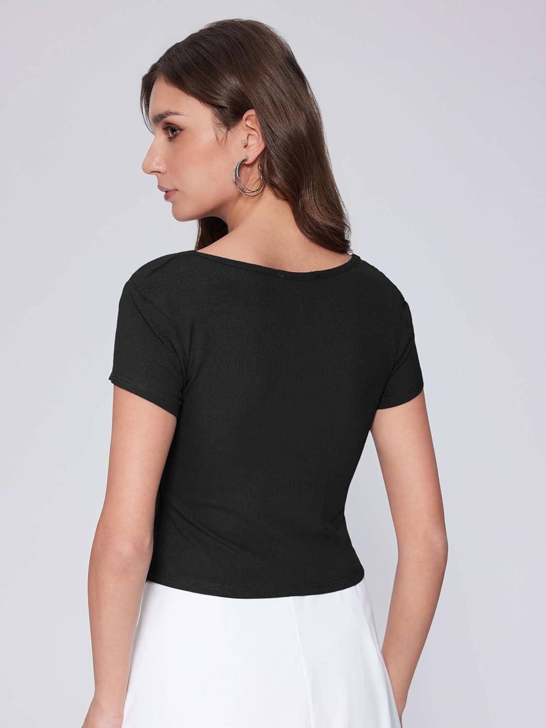 imageVinova Summer Going Out Tops for Women Ruched Square Neck Short Sleeve Top Slim Fit T Shirts Trendy 2025Black