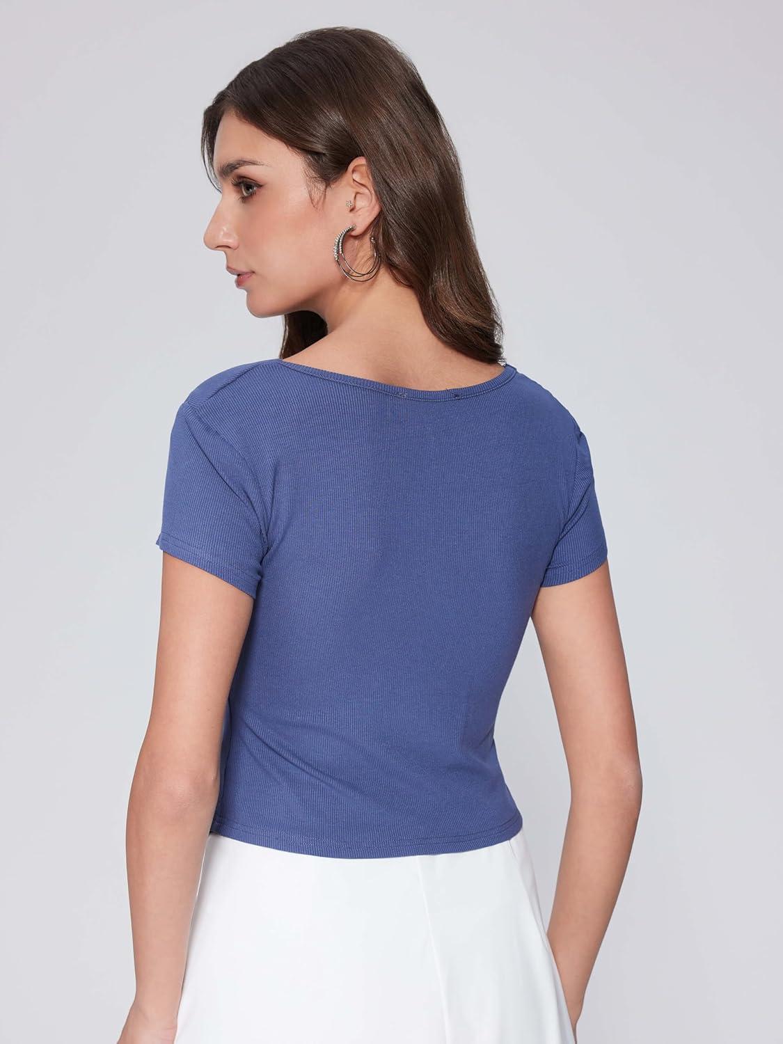 imageVinova Summer Going Out Tops for Women Ruched Square Neck Short Sleeve Top Slim Fit T Shirts Trendy 2025Dark Navy