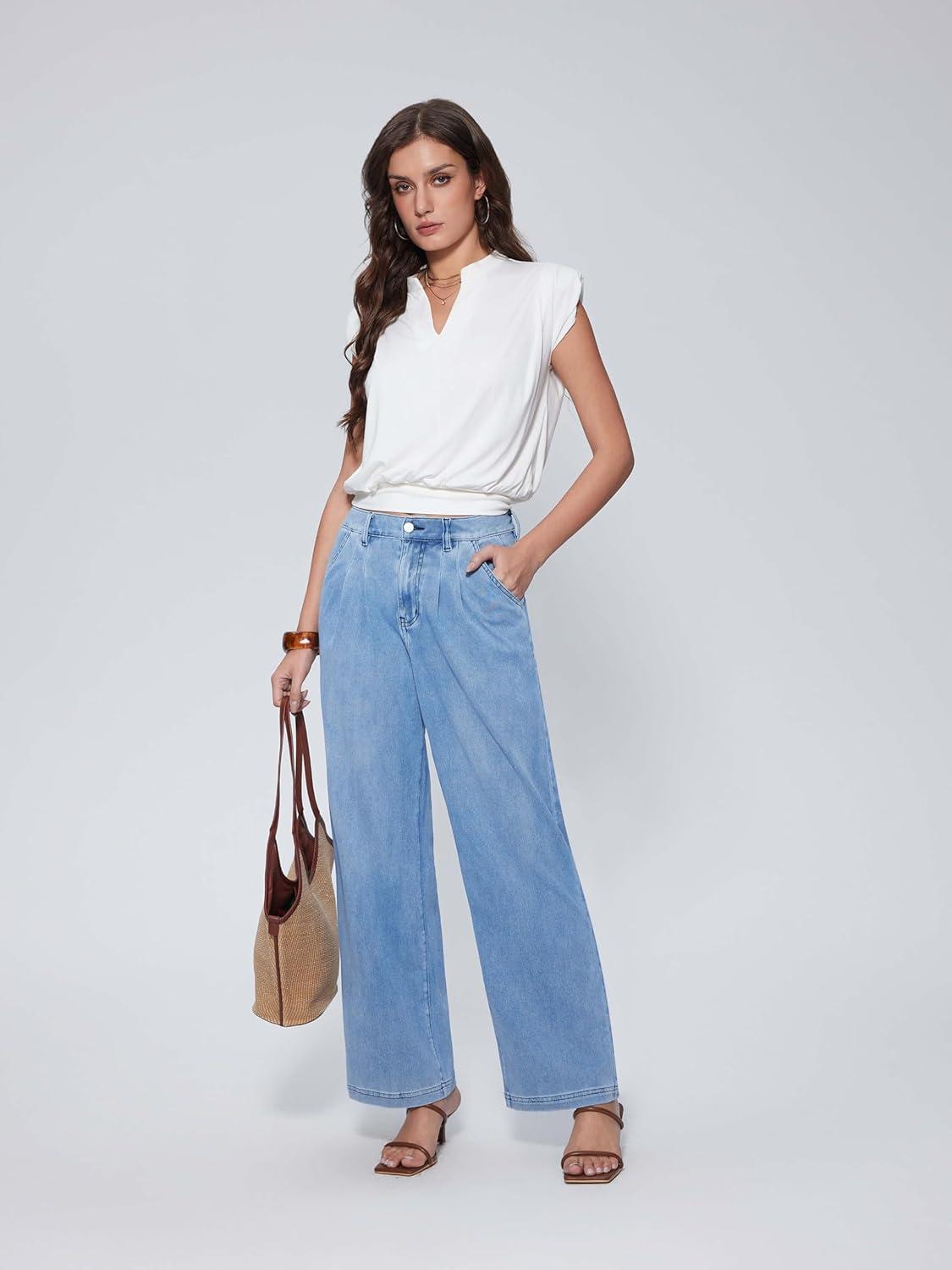 imageVinova Summer Tops for Women Cap Sleeve V Neck Blouse Shirts Dressy Tee Business Casual Outfits 2025Beige