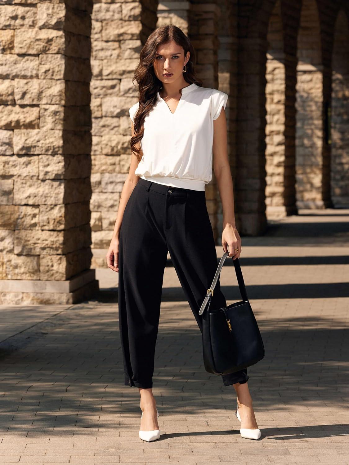 imageVinova Summer Tops for Women Cap Sleeve V Neck Blouse Shirts Dressy Tee Business Casual Outfits 2025Beige