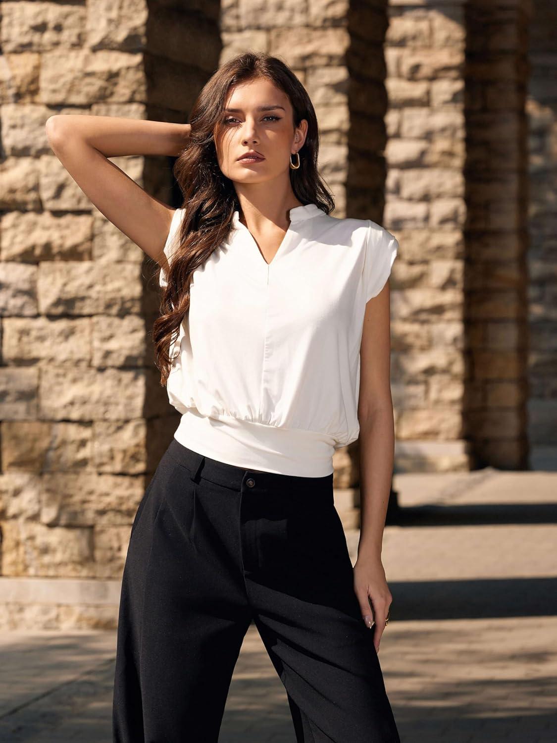 imageVinova Summer Tops for Women Cap Sleeve V Neck Blouse Shirts Dressy Tee Business Casual Outfits 2025Beige