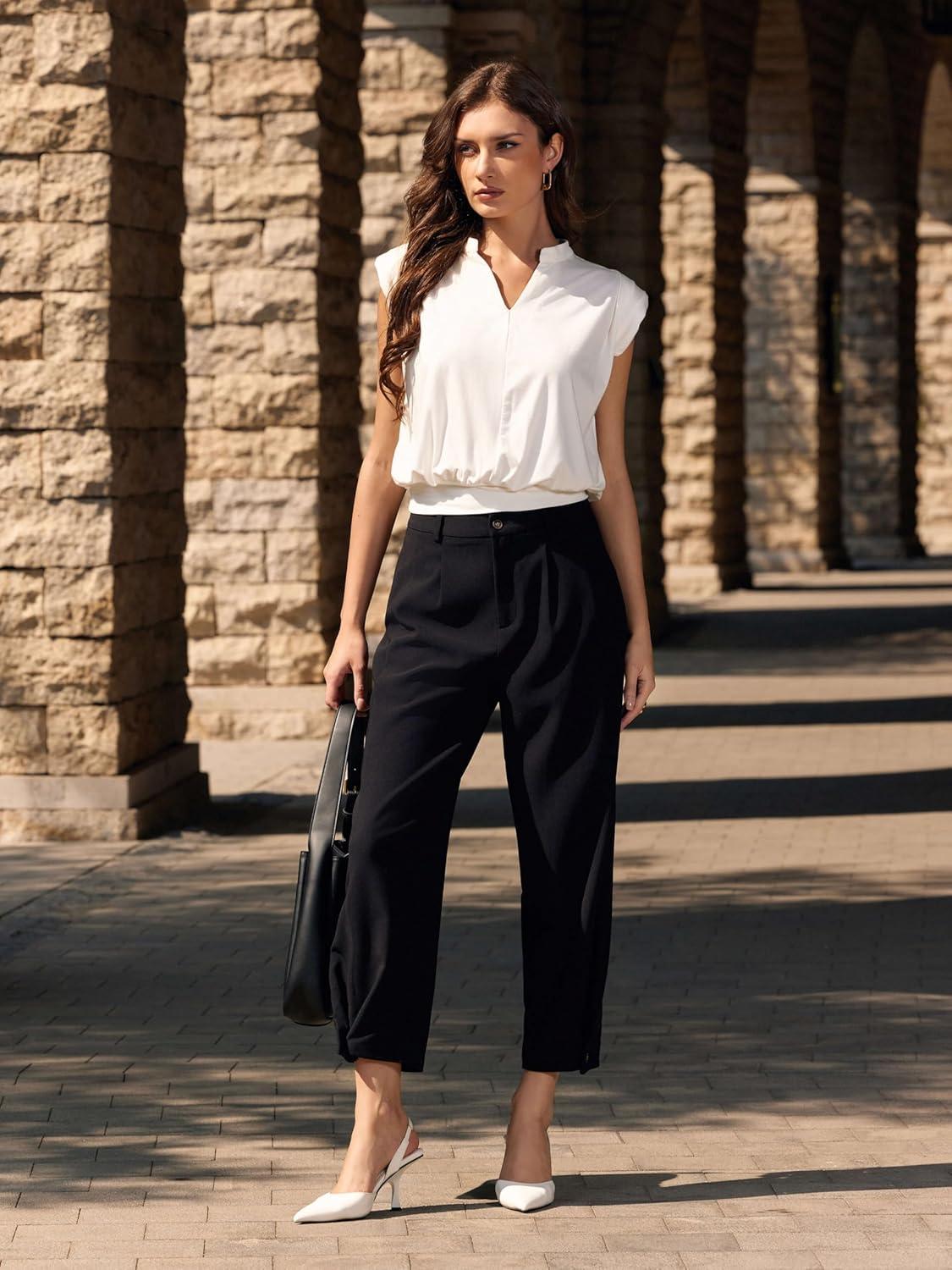 imageVinova Summer Tops for Women Cap Sleeve V Neck Blouse Shirts Dressy Tee Business Casual Outfits 2025Beige