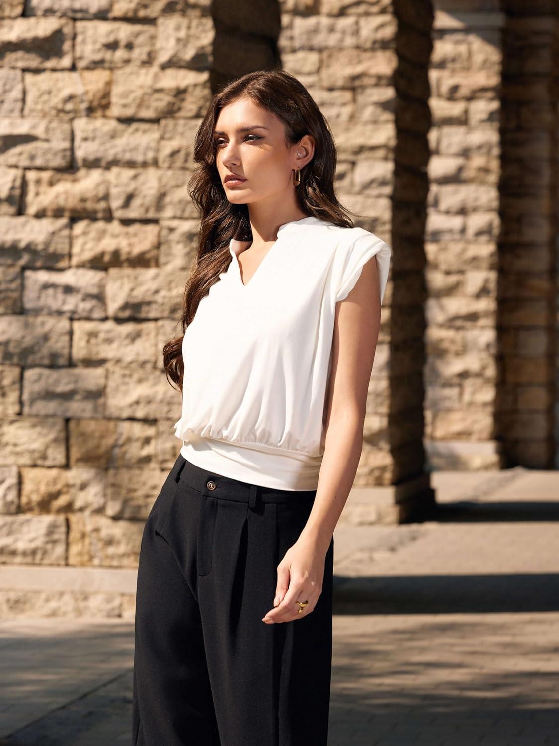 imageVinova Summer Tops for Women Cap Sleeve V Neck Blouse Shirts Dressy Tee Business Casual Outfits 2025Beige