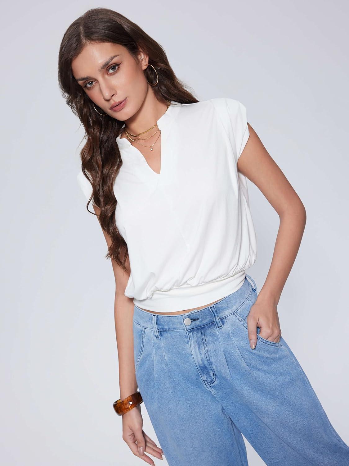 imageVinova Summer Tops for Women Cap Sleeve V Neck Blouse Shirts Dressy Tee Business Casual Outfits 2025Beige