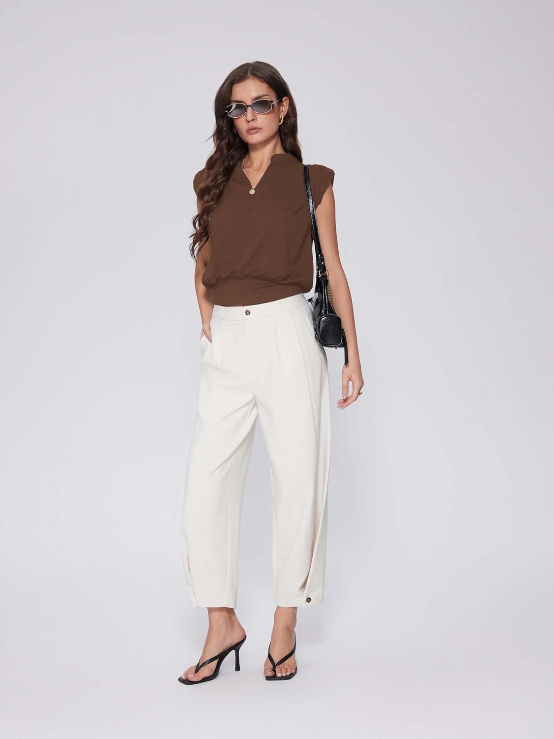 imageVinova Summer Tops for Women Cap Sleeve V Neck Blouse Shirts Dressy Tee Business Casual Outfits 2025Brown