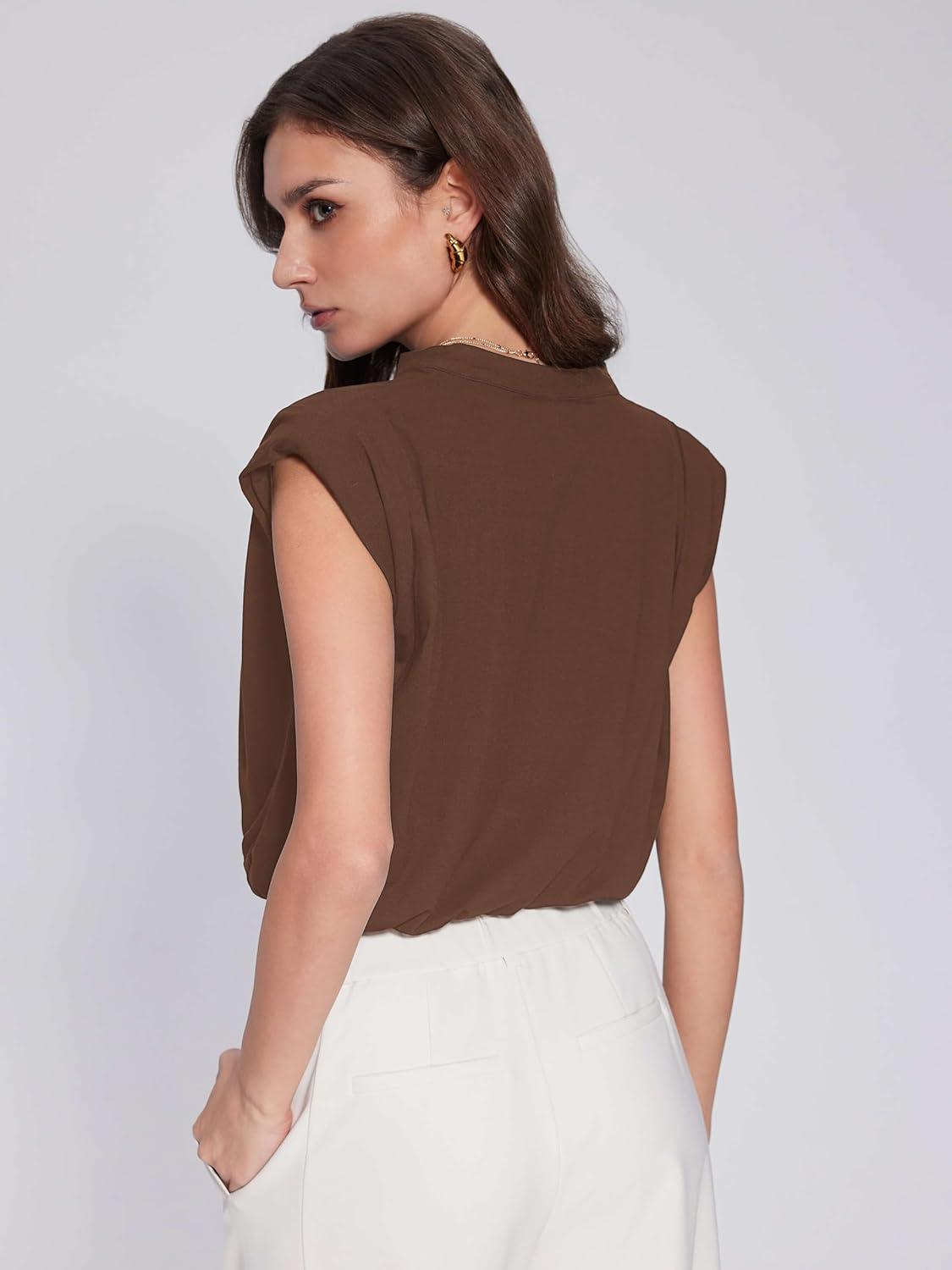 imageVinova Summer Tops for Women Cap Sleeve V Neck Blouse Shirts Dressy Tee Business Casual Outfits 2025Brown