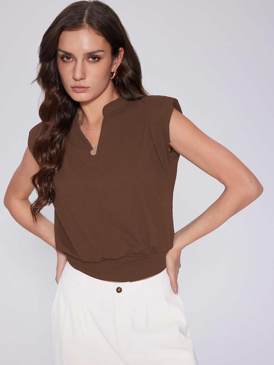 imageVinova Summer Tops for Women Cap Sleeve V Neck Blouse Shirts Dressy Tee Business Casual Outfits 2025Brown