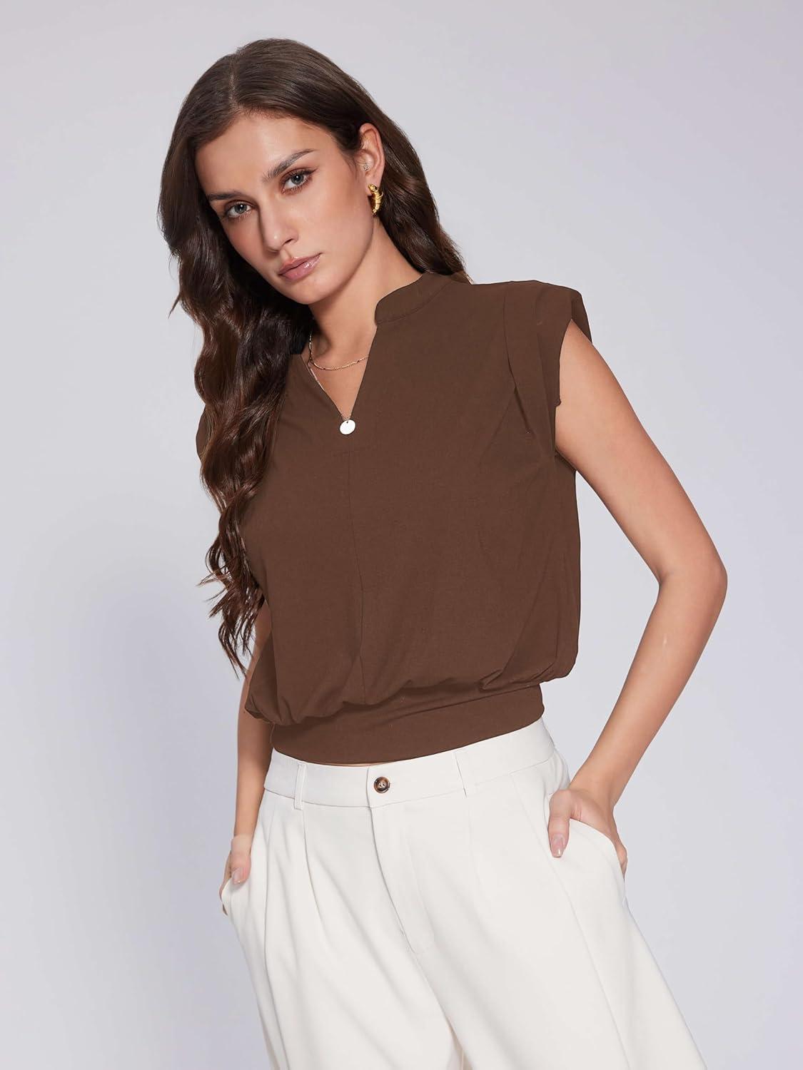 imageVinova Summer Tops for Women Cap Sleeve V Neck Blouse Shirts Dressy Tee Business Casual Outfits 2025Brown