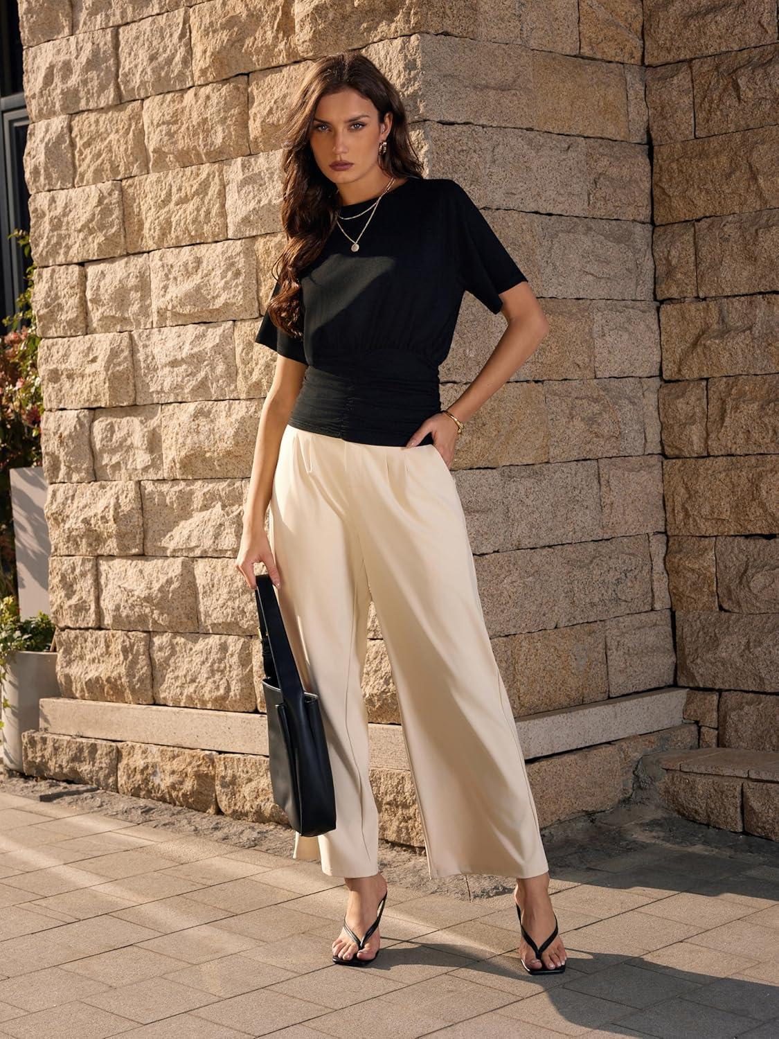 imageVinova Summer Tops for Women Crewneck Short Sleeve Corset Top Solid Business Casual T Shirts Trendy 2025Black