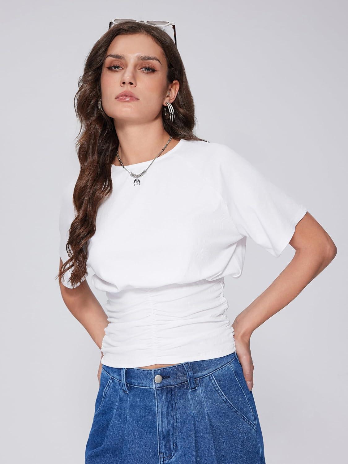 imageVinova Summer Tops for Women Crewneck Short Sleeve Corset Top Solid Business Casual T Shirts Trendy 2025White