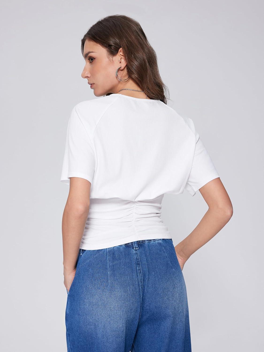 imageVinova Summer Tops for Women Crewneck Short Sleeve Corset Top Solid Business Casual T Shirts Trendy 2025White