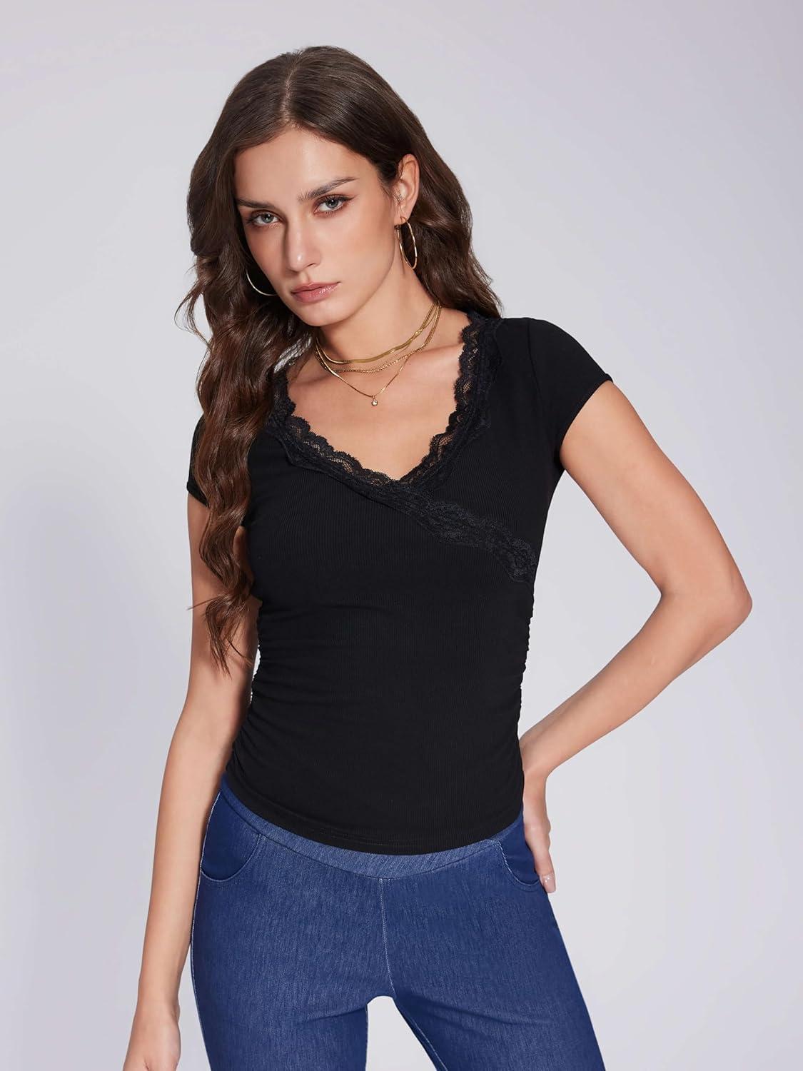 imageVinova Summer Tops for Women Lace Trim V Neck Short Sleeve Sexy Going Out Tops Fitted Cute T Shirts Solid Tee TrendyBlack