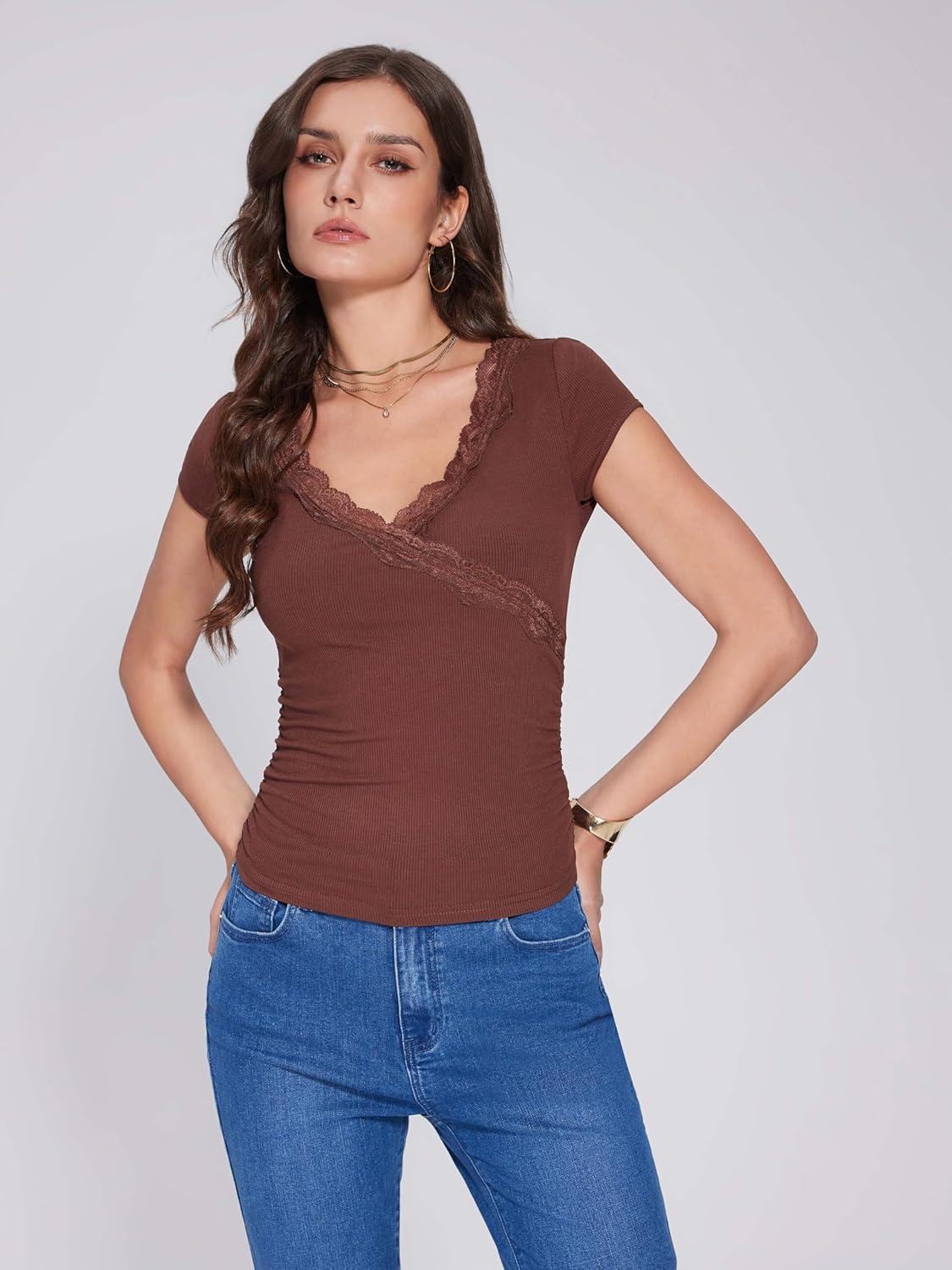 imageVinova Summer Tops for Women Lace Trim V Neck Short Sleeve Sexy Going Out Tops Fitted Cute T Shirts Solid Tee TrendyCoffee