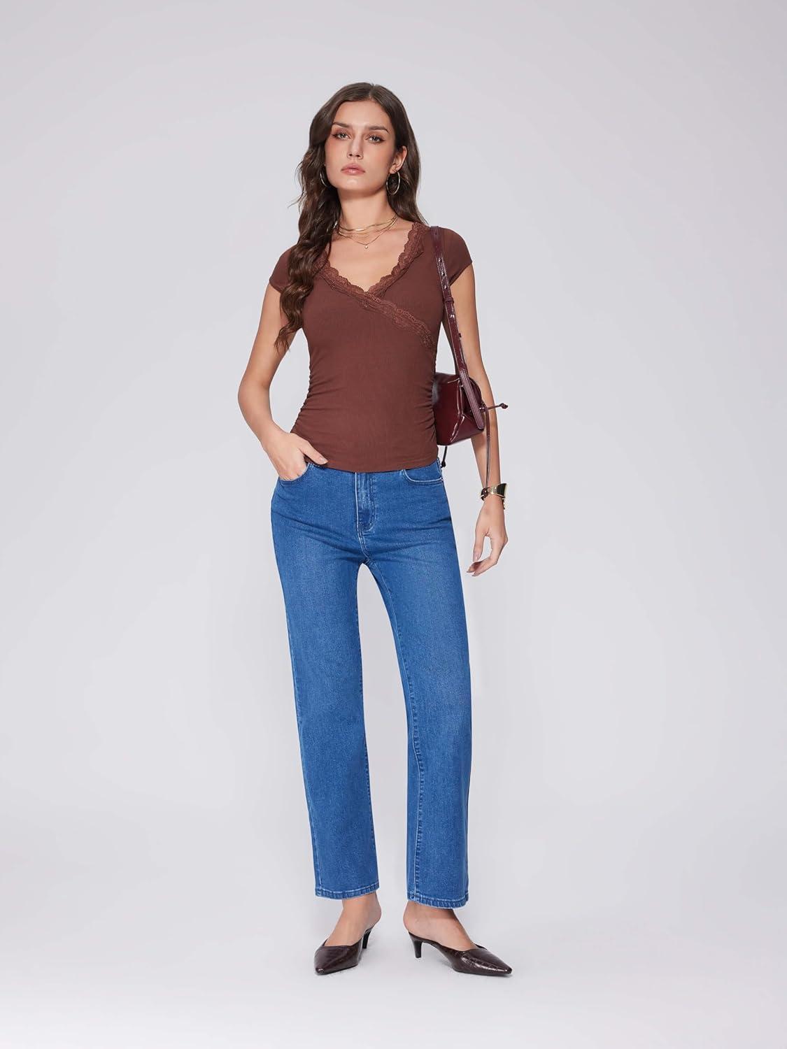 imageVinova Summer Tops for Women Lace Trim V Neck Short Sleeve Sexy Going Out Tops Fitted Cute T Shirts Solid Tee TrendyCoffee