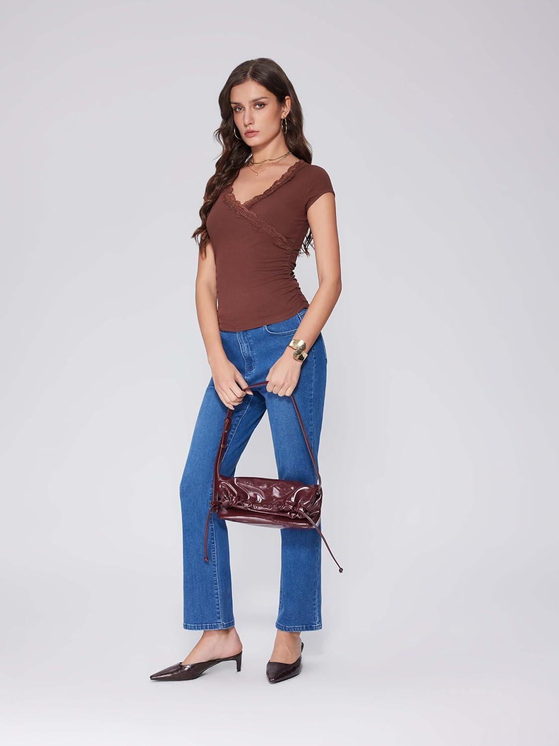 imageVinova Summer Tops for Women Lace Trim V Neck Short Sleeve Sexy Going Out Tops Fitted Cute T Shirts Solid Tee TrendyCoffee